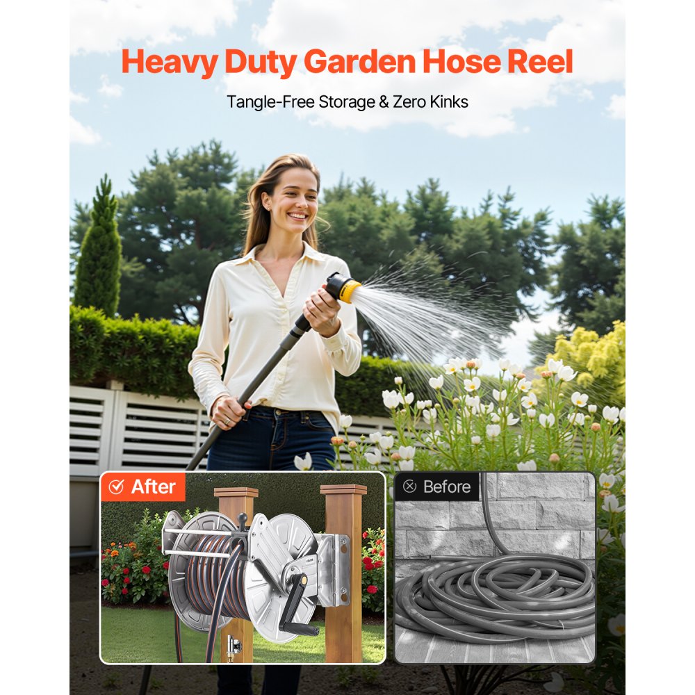 VEVOR Wall Mounted Garden Hose Reel, Holds 45.7m 5/8-inch Water Hose Winder, Heavy-Duty Stainless Steel, Outdoor Manual Reel with Brass Fitting & Hose Guide, Space Saving, for Yard Lawn Garage