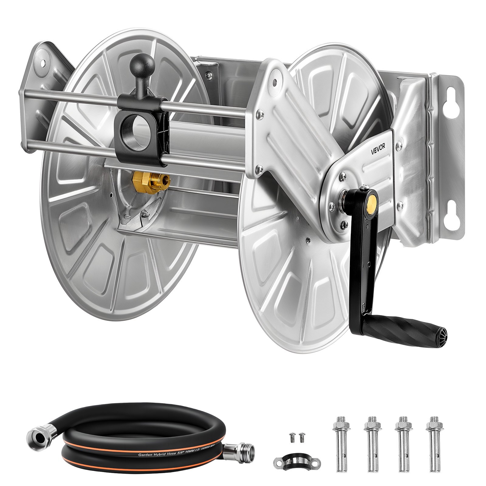 VEVOR Wall Mounted Garden Hose Reel, Holds 150 ft 5/8-inch Water Hose Winder, Heavy-Duty Stainless Steel, Outdoor Manual Reel with Brass Fitting & Hose Guide, Space Saving, for Yard Lawn Garage