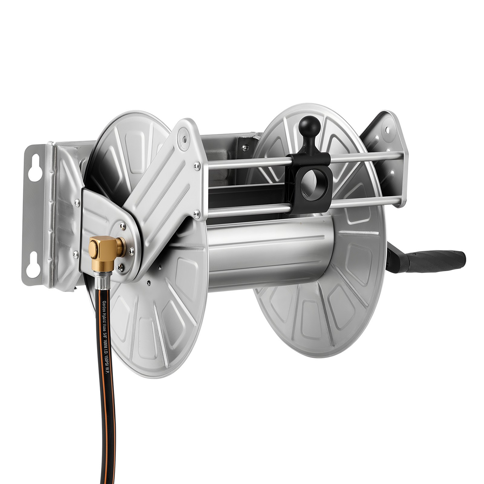 VEVOR Wall Mounted Garden Hose Reel, Holds 150 ft 5/8-inch Water Hose Winder, Heavy-Duty Stainless Steel, Outdoor Manual Reel with Brass Fitting & Hose Guide, Space Saving, for Yard Lawn Garage