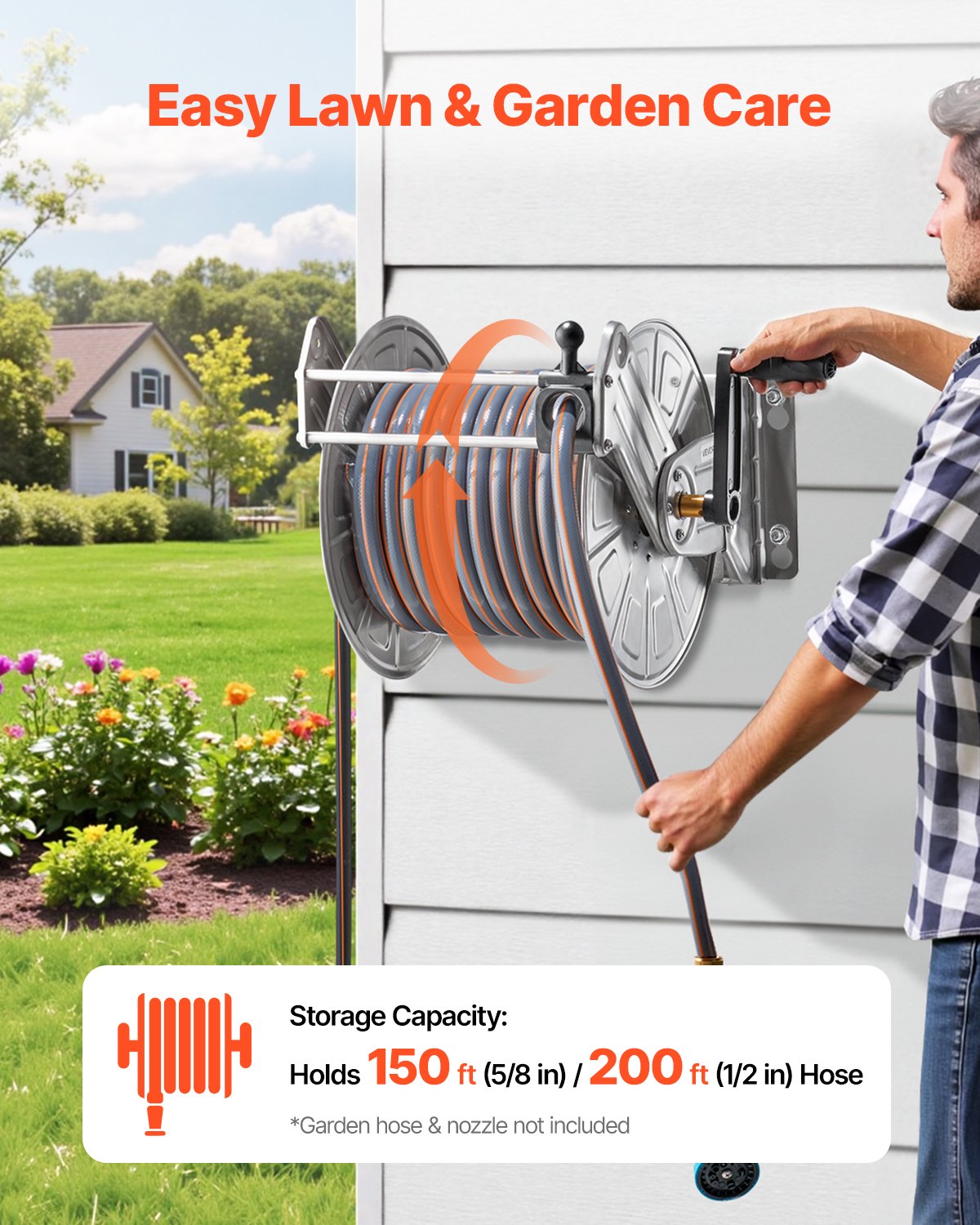VEVOR Wall Mounted Garden Hose Reel, Holds 45.7m 5/8-inch Water Hose Winder, Heavy-Duty Stainless Steel, Outdoor Manual Reel with Brass Fitting & Hose Guide, Space Saving, for Yard Lawn Garage