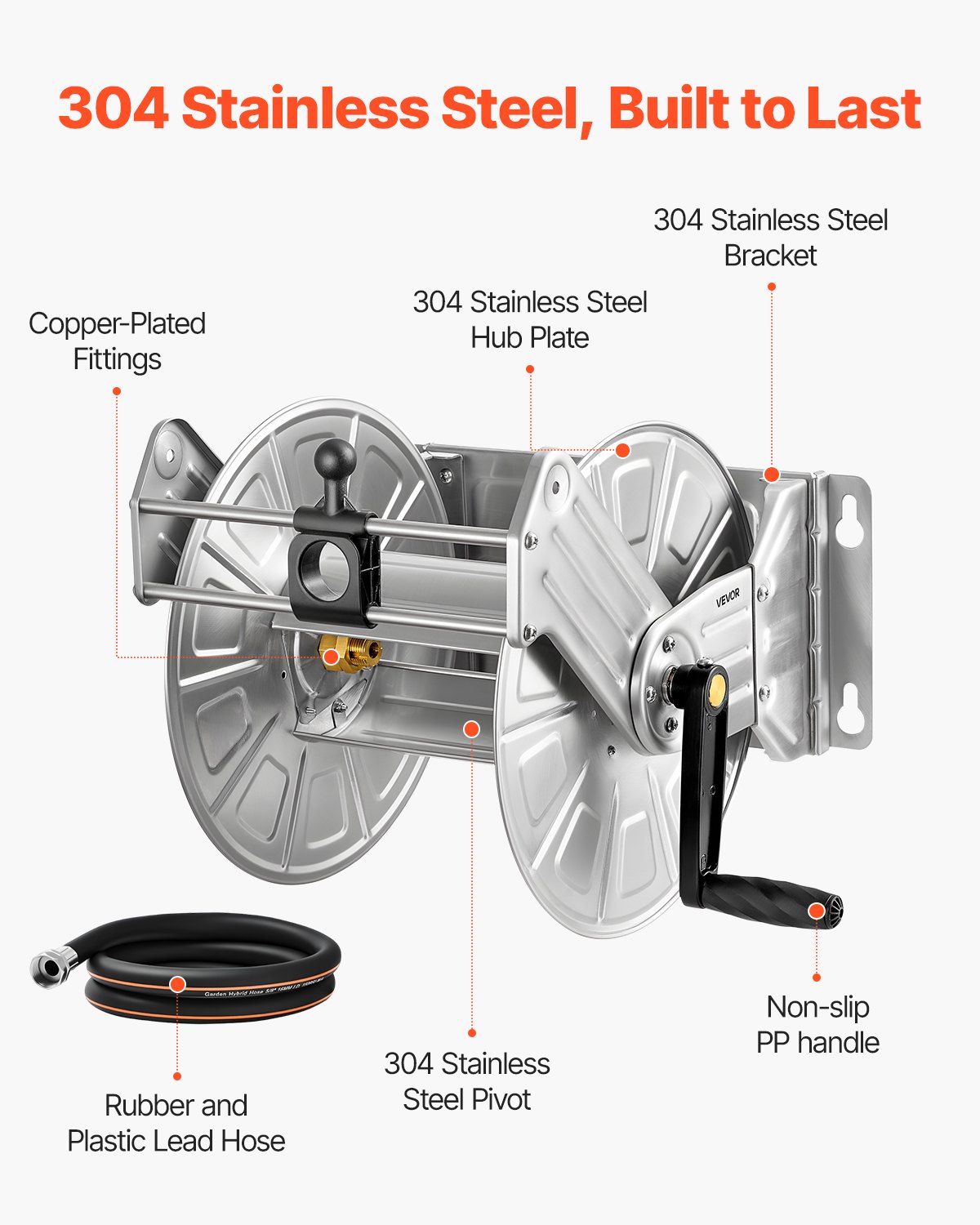 VEVOR Wall Mounted Garden Hose Reel, Holds 45.7m 5/8-inch Water Hose Winder, Heavy-Duty Stainless Steel, Outdoor Manual Reel with Brass Fitting & Hose Guide, Space Saving, for Yard Lawn Garage