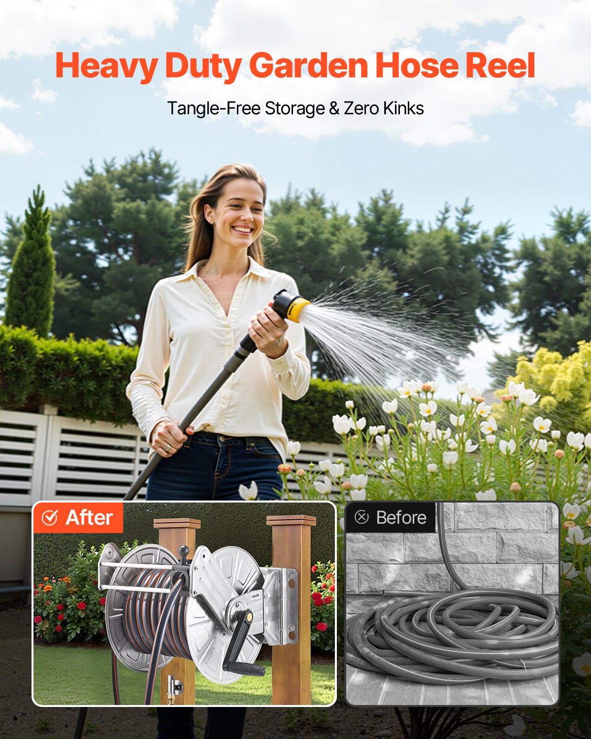 VEVOR Wall Mounted Garden Hose Reel, Holds 45.7m 5/8-inch Water Hose Winder, Heavy-Duty Stainless Steel, Outdoor Manual Reel with Brass Fitting & Hose Guide, Space Saving, for Yard Lawn Garage