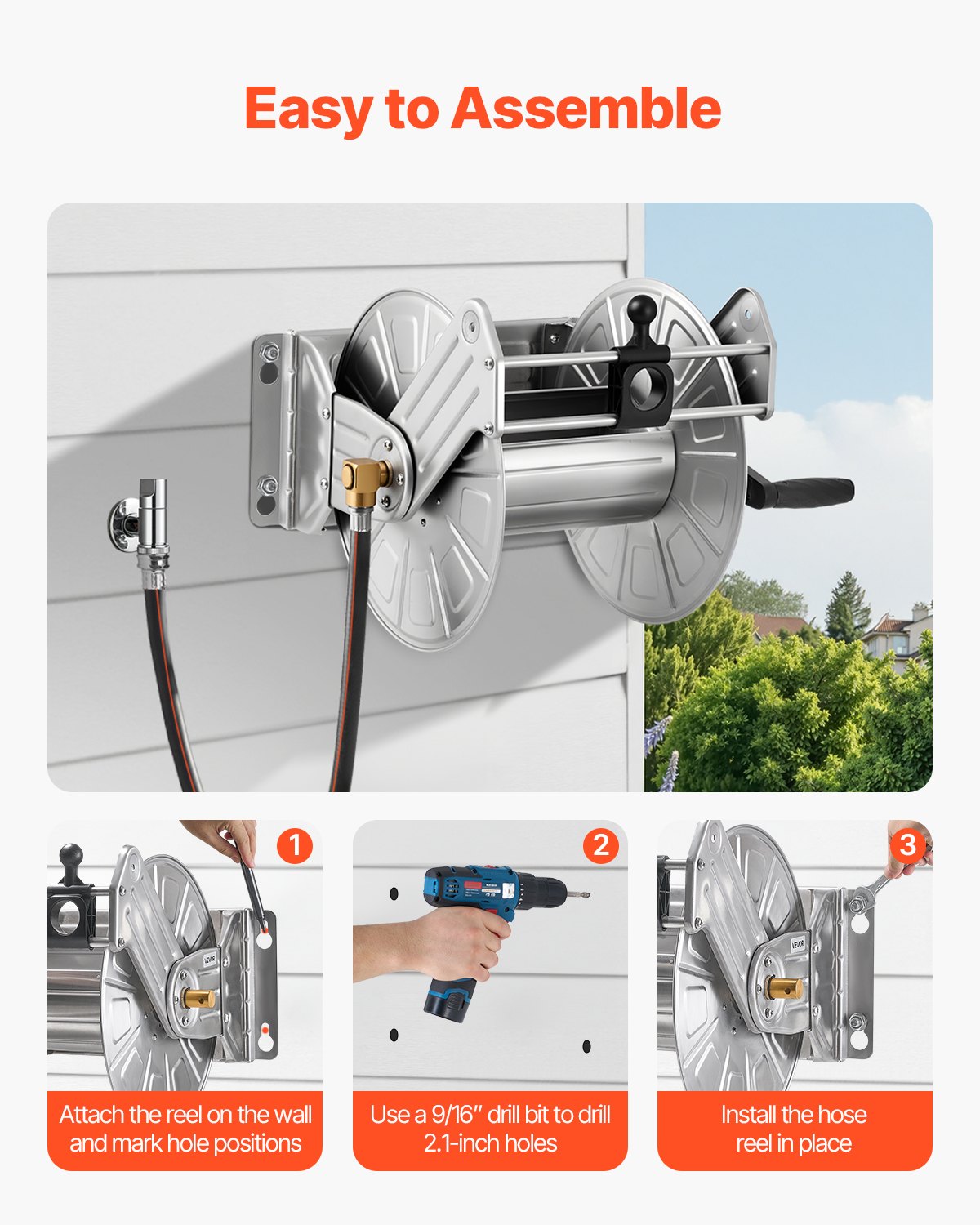 VEVOR Wall Mounted Garden Hose Reel, Holds 45.7m 5/8-inch Water Hose Winder, Heavy-Duty Stainless Steel, Outdoor Manual Reel with Brass Fitting & Hose Guide, Space Saving, for Yard Lawn Garage