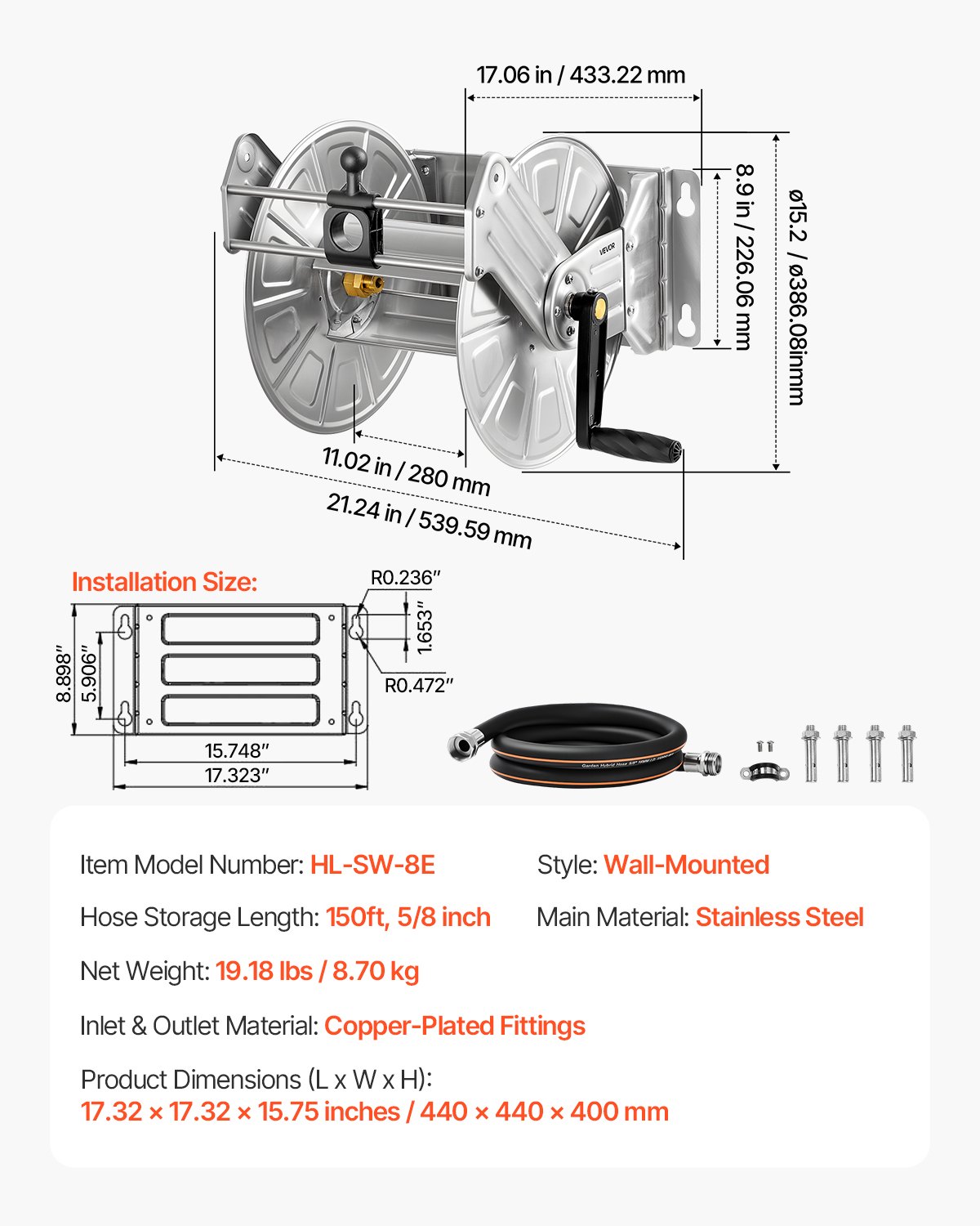 VEVOR Wall Mounted Garden Hose Reel, Holds 45.7m 5/8-inch Water Hose Winder, Heavy-Duty Stainless Steel, Outdoor Manual Reel with Brass Fitting & Hose Guide, Space Saving, for Yard Lawn Garage