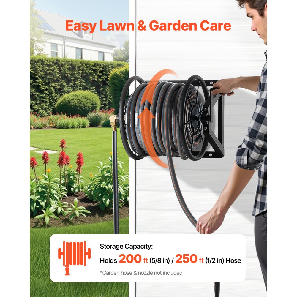 VEVOR Wall Mounted Garden Hose Reel, Holds 200 ft 5/8-inch Manual Water Hose Winder, Heavy-Duty Steel, Outdoor Reel with Brass Fitting & 5ft Leader Hose, Space Saving, for Yard Lawn Garage