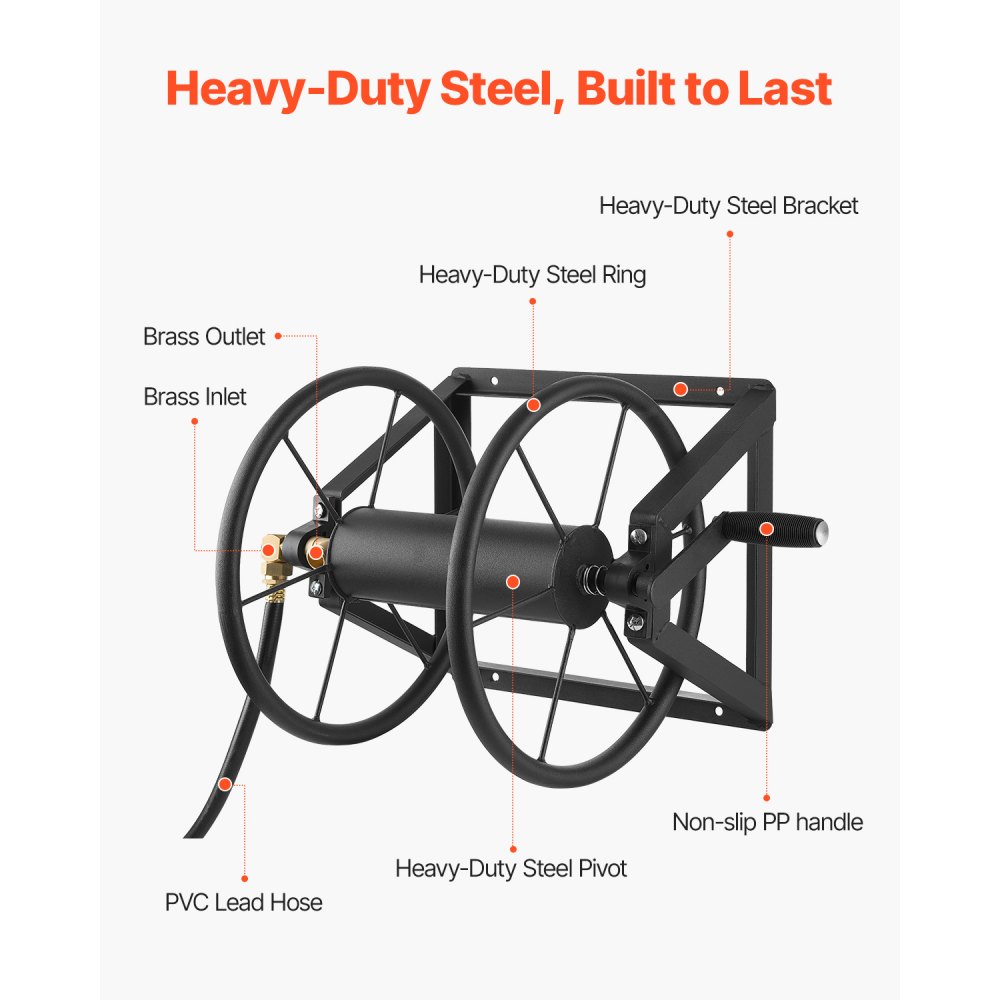 VEVOR Wall Mounted Garden Hose Reel, Holds 200 ft 5/8-inch Manual Water Hose Winder, Heavy-Duty Steel, Outdoor Reel with Brass Fitting & 5ft Leader Hose, Space Saving, for Yard Lawn Garage