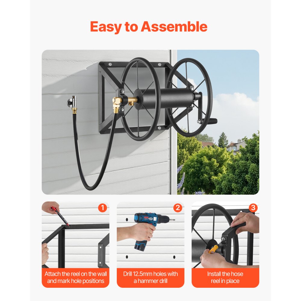 VEVOR Wall Mounted Garden Hose Reel, Holds 200 ft 5/8-inch Manual Water Hose Winder, Heavy-Duty Steel, Outdoor Reel with Brass Fitting & 5ft Leader Hose, Space Saving, for Yard Lawn Garage