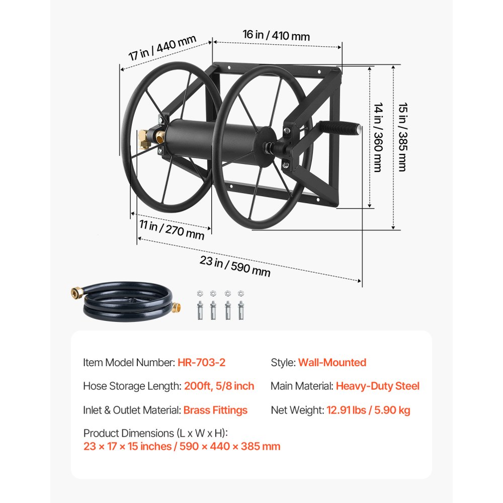 VEVOR Wall Mounted Garden Hose Reel, Holds 200 ft 5/8-inch Manual Water Hose Winder, Heavy-Duty Steel, Outdoor Reel with Brass Fitting & 5ft Leader Hose, Space Saving, for Yard Lawn Garage