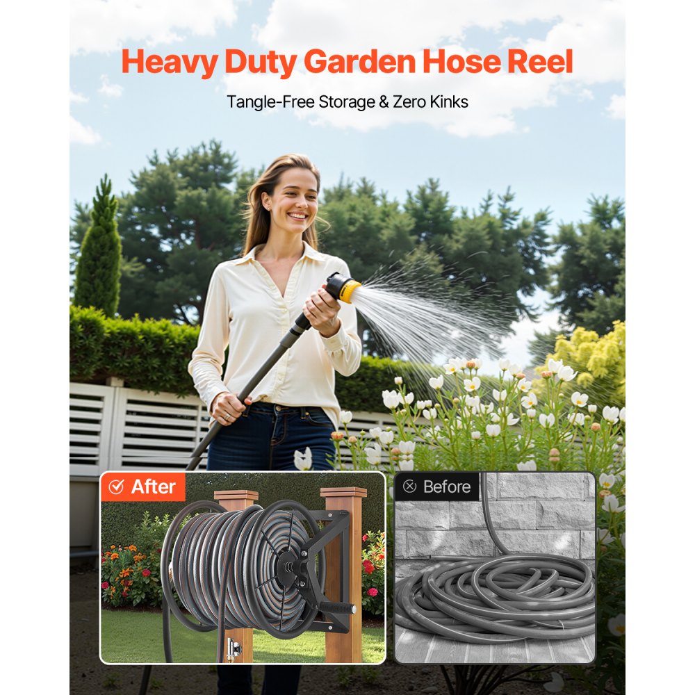 VEVOR Wall Mounted Garden Hose Reel, Holds 61m 5/8-inch Manual Water Hose Winder, Heavy-Duty Steel, Outdoor Reel with Brass Fitting & 5ft Leader Hose, Space Saving, for Yard Lawn Garage