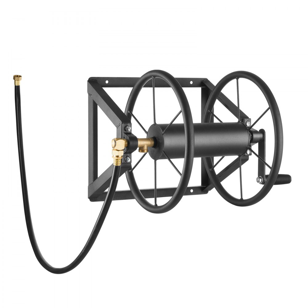VEVOR Wall Mounted Garden Hose Reel, Holds 61m 5/8-inch Manual Water Hose Winder, Heavy-Duty Steel, Outdoor Reel with Brass Fitting & 5ft Leader Hose, Space Saving, for Yard Lawn Garage