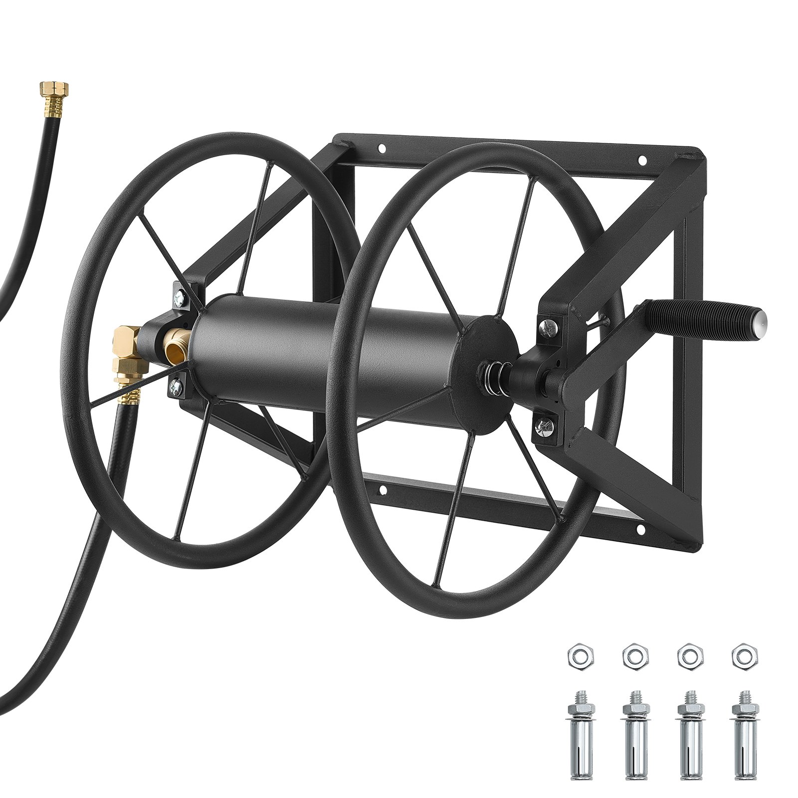 VEVOR Wall Mounted Garden Hose Reel, Holds 200 ft 5/8-inch Manual Water Hose Winder, Heavy-Duty Steel, Outdoor Reel with Brass Fitting & 5ft Leader Hose, Space Saving, for Yard Lawn Garage