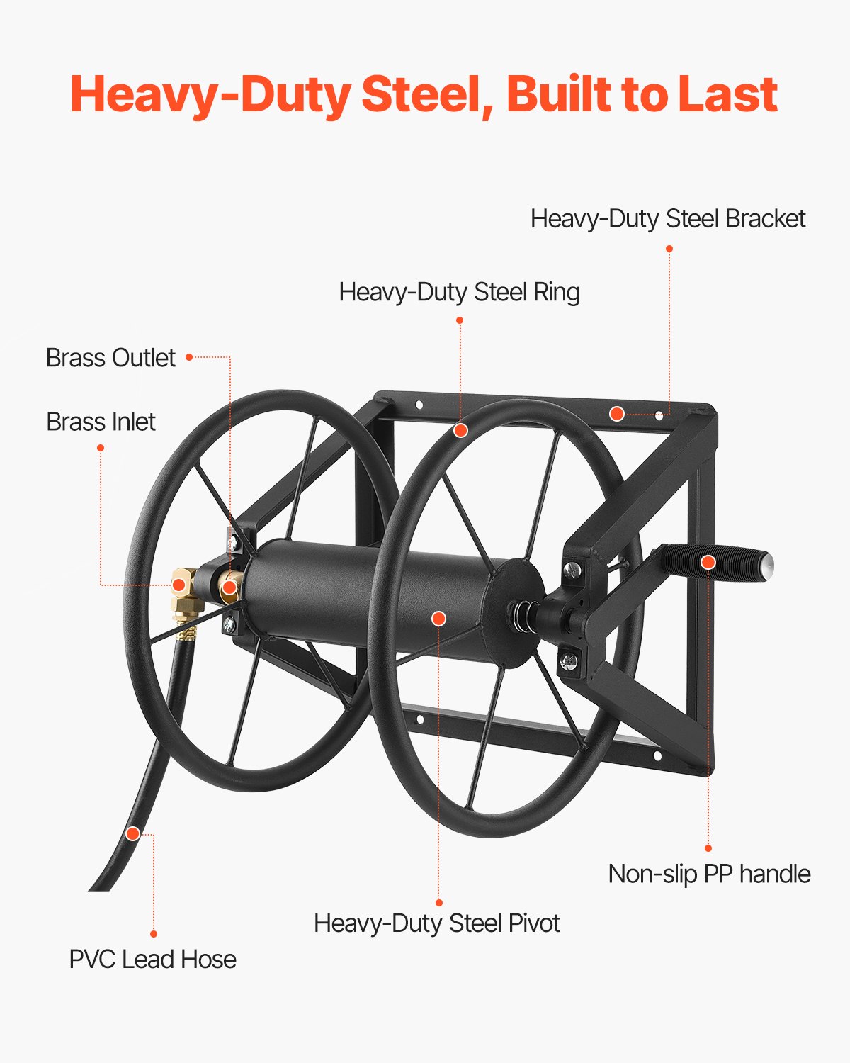 VEVOR Wall Mounted Garden Hose Reel, Holds 200 ft 5/8-inch Manual Water Hose Winder, Heavy-Duty Steel, Outdoor Reel with Brass Fitting & 5ft Leader Hose, Space Saving, for Yard Lawn Garage