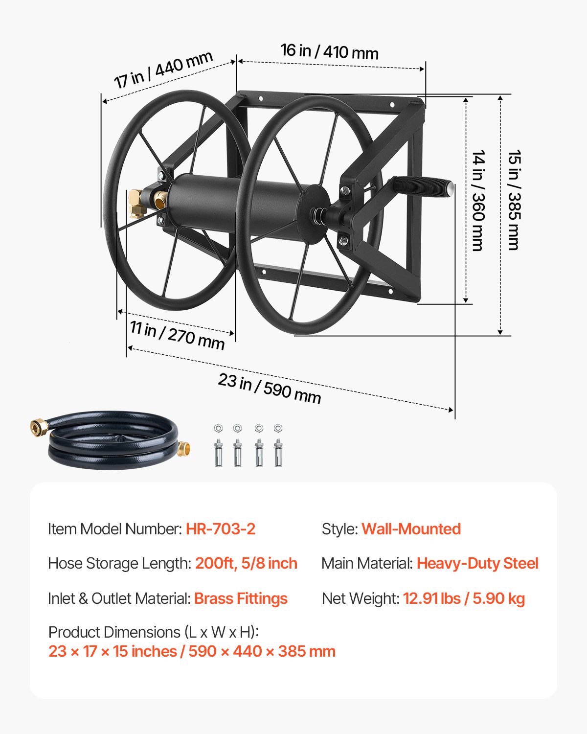VEVOR Wall Mounted Garden Hose Reel, Holds 200 ft 5/8-inch Manual Water Hose Winder, Heavy-Duty Steel, Outdoor Reel with Brass Fitting & 5ft Leader Hose, Space Saving, for Yard Lawn Garage