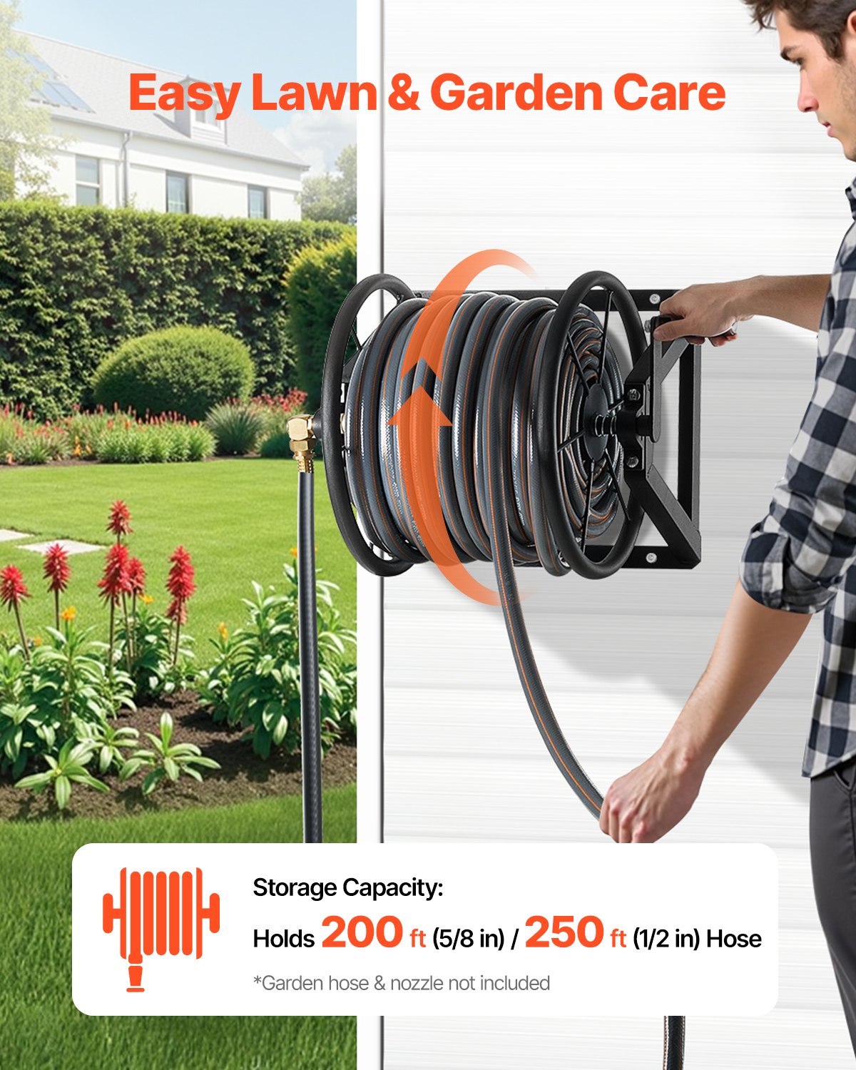 VEVOR Wall Mounted Garden Hose Reel, Holds 61m 5/8-inch Manual Water Hose Winder, Heavy-Duty Steel, Outdoor Reel with Brass Fitting & 5ft Leader Hose, Space Saving, for Yard Lawn Garage