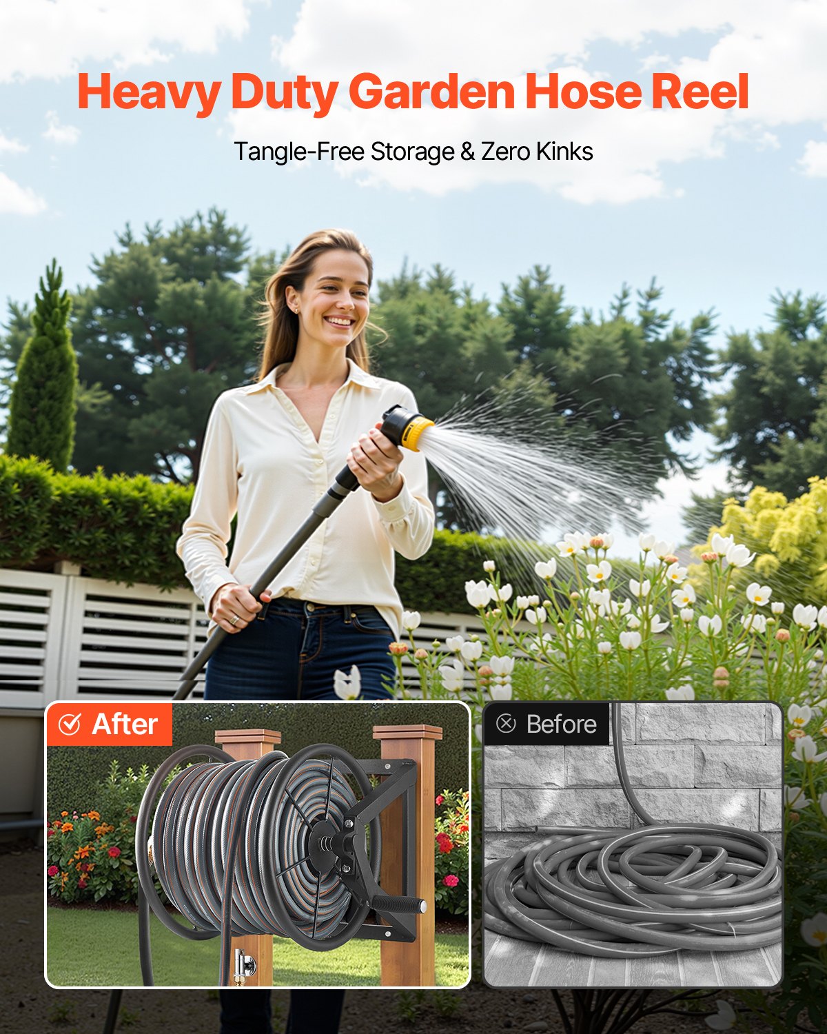 VEVOR Wall Mounted Garden Hose Reel, Holds 61m 5/8-inch Manual Water Hose Winder, Heavy-Duty Steel, Outdoor Reel with Brass Fitting & 5ft Leader Hose, Space Saving, for Yard Lawn Garage