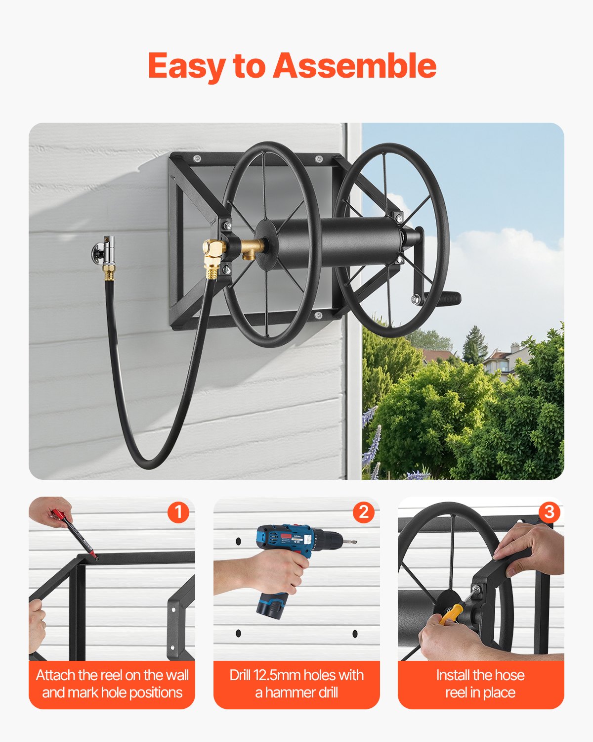 VEVOR Wall Mounted Garden Hose Reel, Holds 61m 5/8-inch Manual Water Hose Winder, Heavy-Duty Steel, Outdoor Reel with Brass Fitting & 5ft Leader Hose, Space Saving, for Yard Lawn Garage