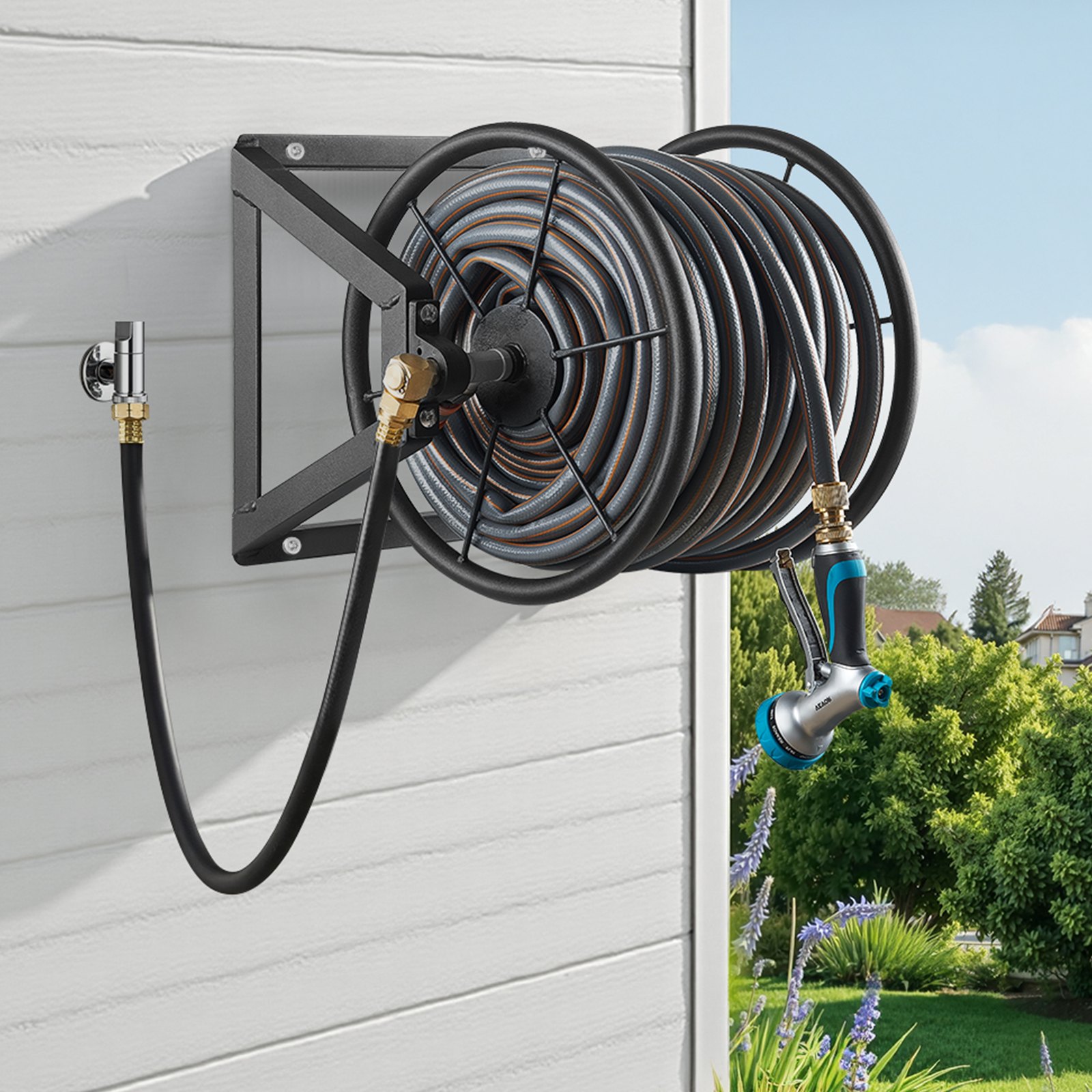 VEVOR Wall Mounted Garden Hose Reel, Holds 61m 5/8-inch Manual Water Hose Winder, Heavy-Duty Steel, Outdoor Reel with Brass Fitting & 5ft Leader Hose, Space Saving, for Yard Lawn Garage