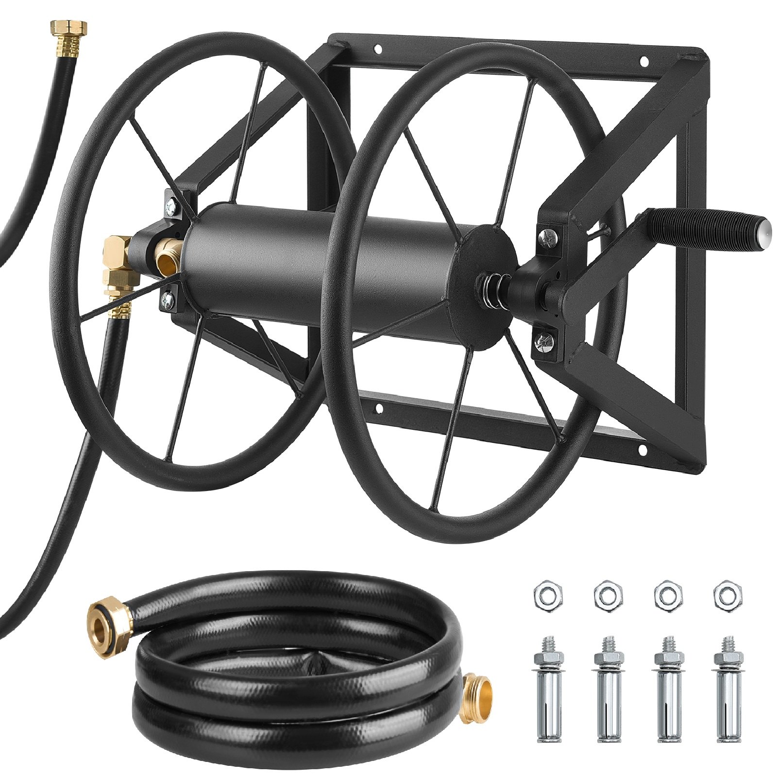 VEVOR Wall Mounted Garden Hose Reel, Holds 61m 5/8-inch Manual Water Hose Winder, Heavy-Duty Steel, Outdoor Reel with Brass Fitting & 5ft Leader Hose, Space Saving, for Yard Lawn Garage