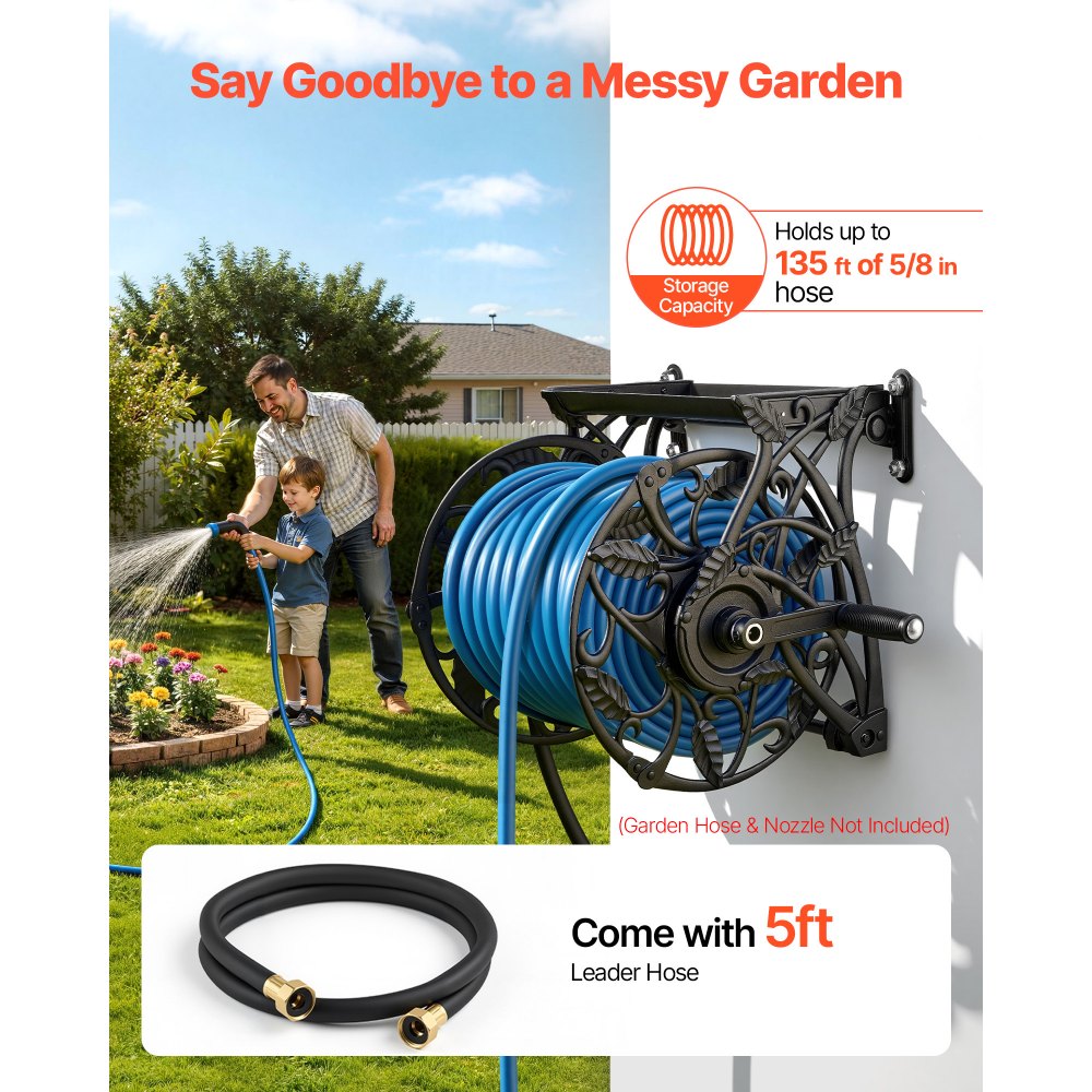 VEVOR Wall Mounted Garden Hose Reel, Holds 135 Feet of 5/8-inch Hose, Outdoor Heavy-Duty Waterhose Holder Winder, with Widened Top Tray, Aluminum Alloy Connector, Decorative Pattern, for Backyards