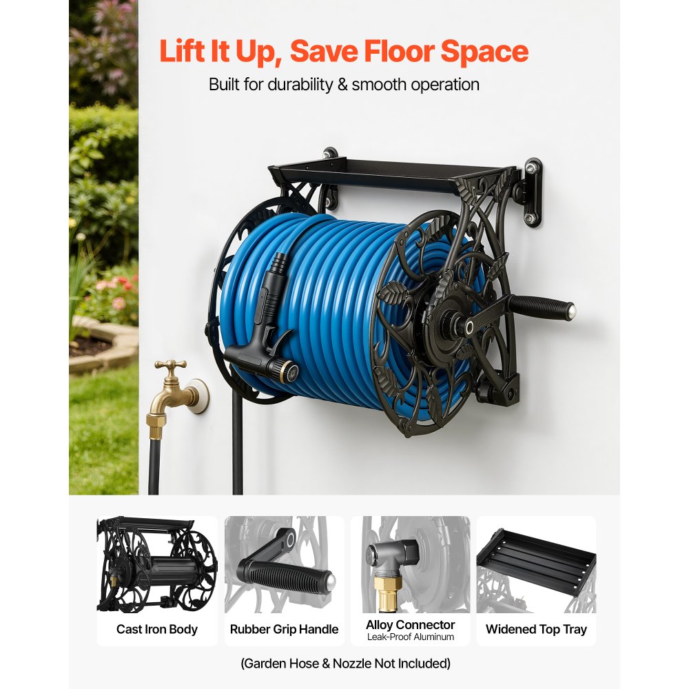 VEVOR Wall Mounted Garden Hose Reel, Holds 135 Feet of 5/8-inch Hose, Outdoor Heavy-Duty Waterhose Holder Winder, with Widened Top Tray, Aluminum Alloy Connector, Decorative Pattern, for Backyards