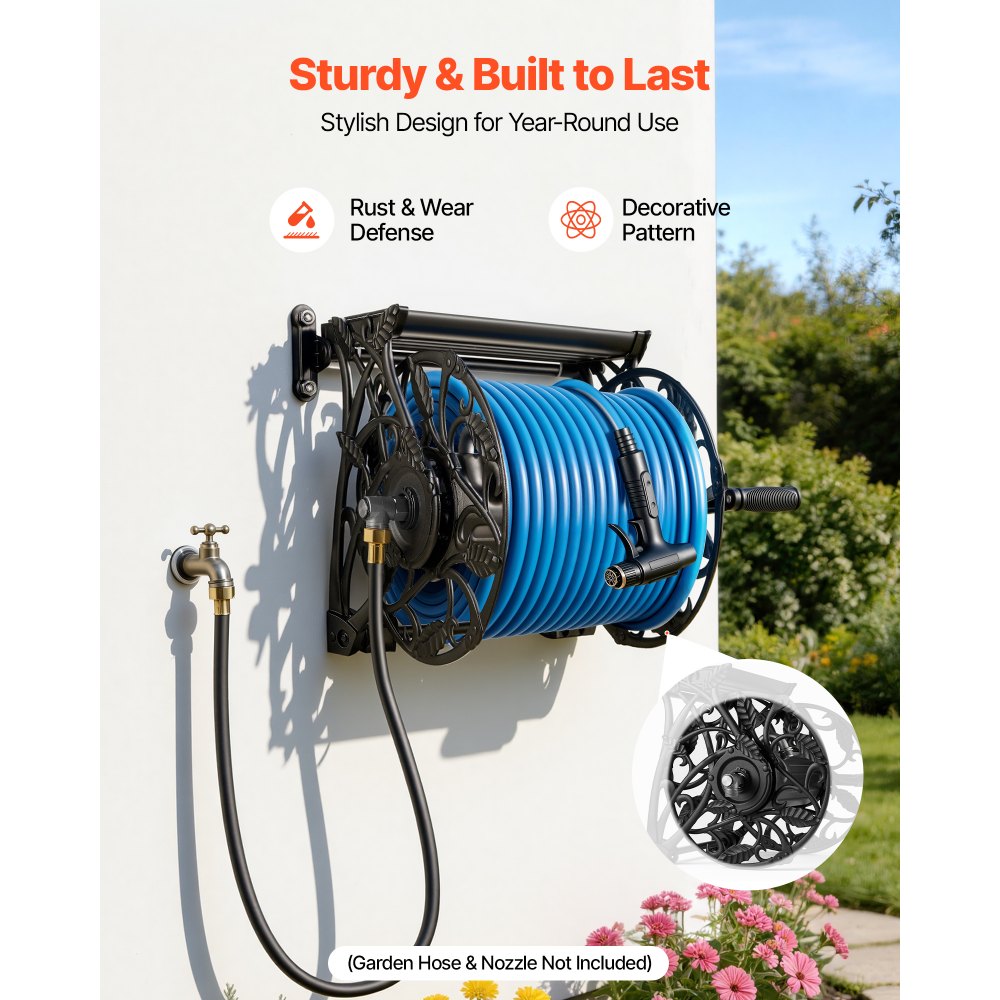 VEVOR Wall Mounted Garden Hose Reel, Holds 135 Feet of 5/8-inch Hose, Outdoor Heavy-Duty Waterhose Holder Winder, with Widened Top Tray, Aluminum Alloy Connector, Decorative Pattern, for Backyards