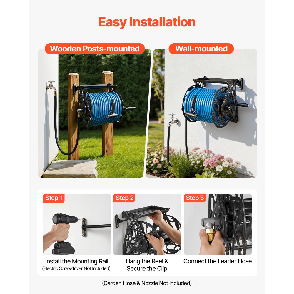 VEVOR Wall Mounted Garden Hose Reel, Holds 135 Feet of 5/8-inch Hose, Outdoor Heavy-Duty Waterhose Holder Winder, with Widened Top Tray, Aluminum Alloy Connector, Decorative Pattern, for Backyards