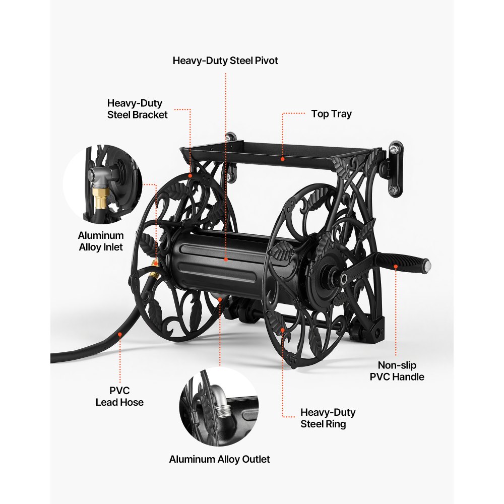 VEVOR Wall Mounted Garden Hose Reel, Holds 135 Feet of 5/8-inch Hose, Outdoor Heavy-Duty Waterhose Holder Winder, with Widened Top Tray, Aluminum Alloy Connector, Decorative Pattern, for Backyards