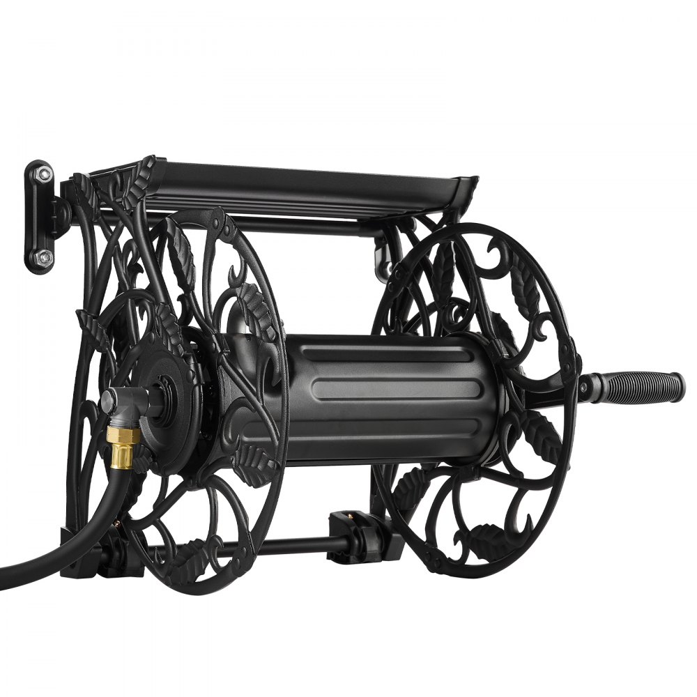 VEVOR Wall Mounted Garden Hose Reel, Holds 135 Feet of 5/8-inch Hose, Outdoor Heavy-Duty Waterhose Holder Winder, with Widened Top Tray, Aluminum Alloy Connector, Decorative Pattern, for Backyards