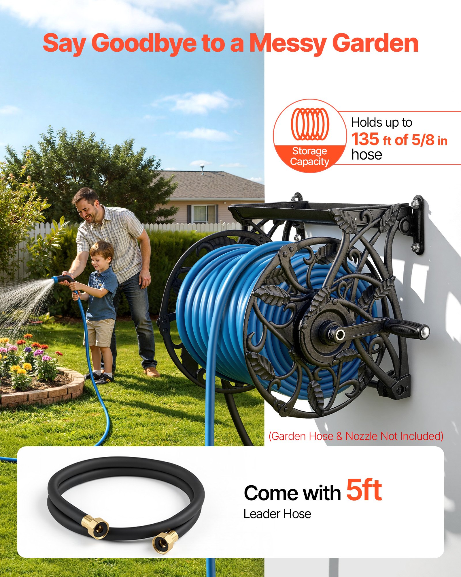 VEVOR Wall Mounted Garden Hose Reel, Holds 135 Feet of 5/8-inch Hose, Outdoor Heavy-Duty Waterhose Holder Winder, with Widened Top Tray, Aluminum Alloy Connector, Decorative Pattern, for Backyards