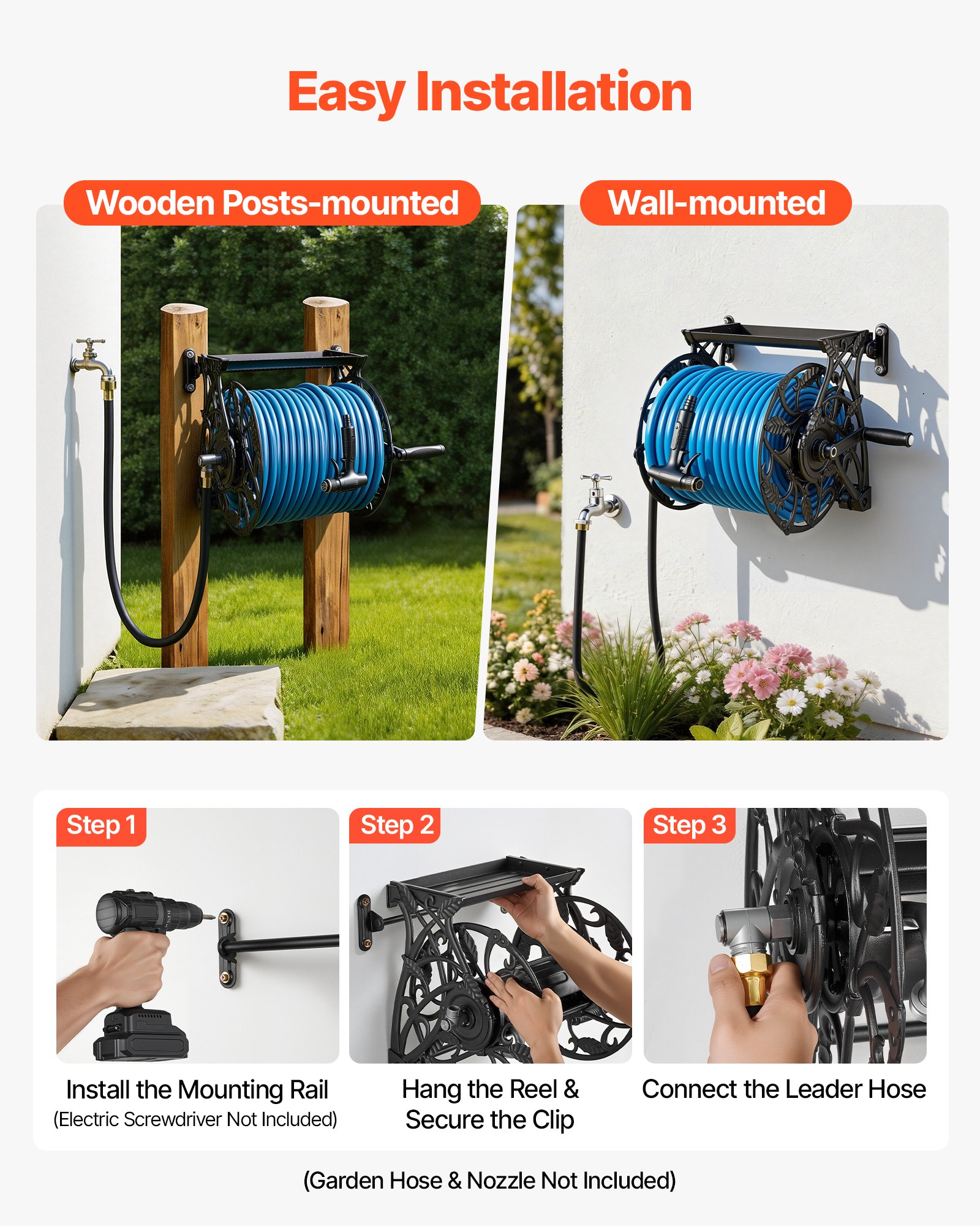 VEVOR Wall Mounted Garden Hose Reel, Holds 135 Feet of 5/8-inch Hose, Outdoor Heavy-Duty Waterhose Holder Winder, with Widened Top Tray, Aluminum Alloy Connector, Decorative Pattern, for Backyards