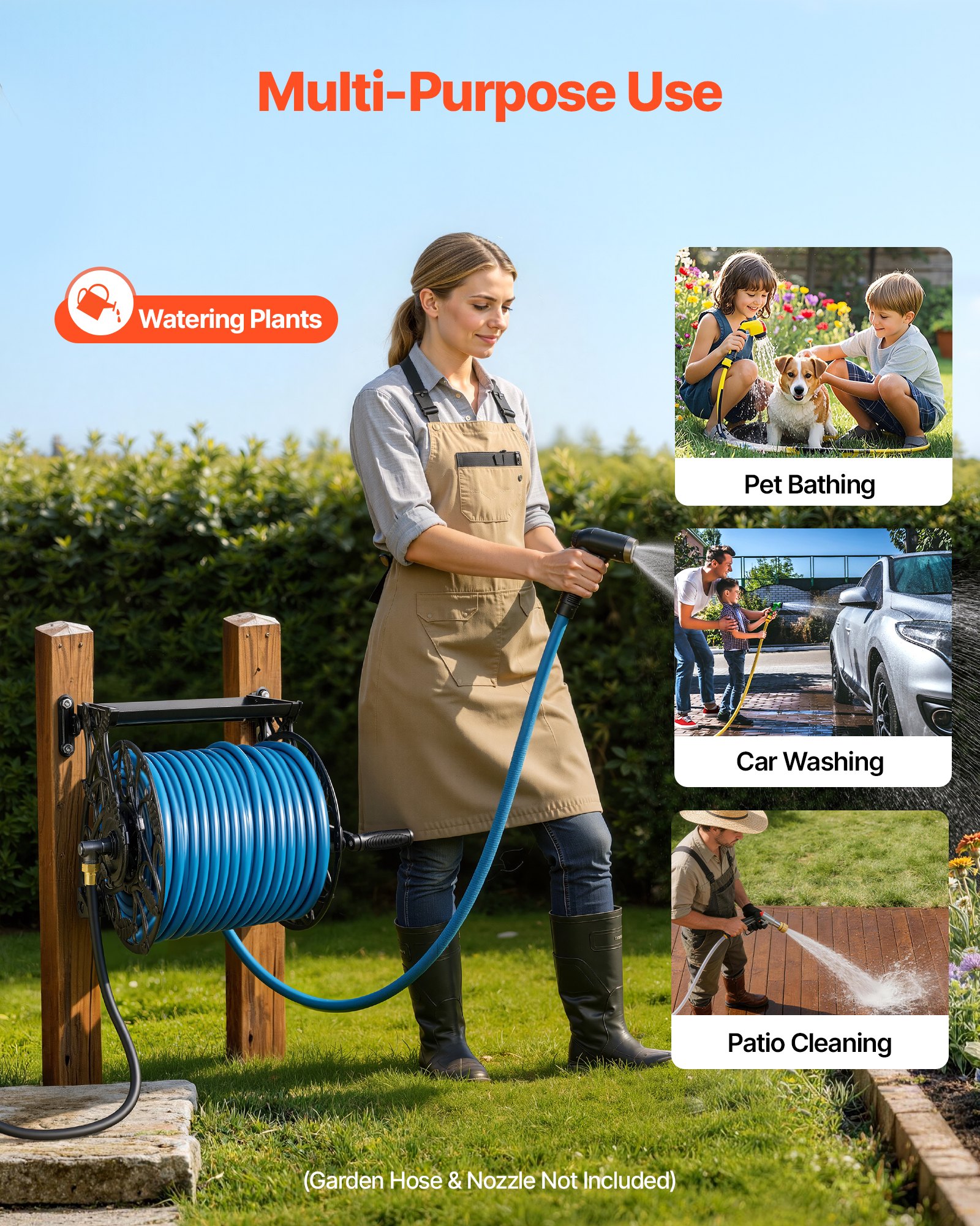 VEVOR Wall Mounted Garden Hose Reel, Holds 135 Feet of 5/8-inch Hose, Outdoor Heavy-Duty Waterhose Holder Winder, with Widened Top Tray, Aluminum Alloy Connector, Decorative Pattern, for Backyards