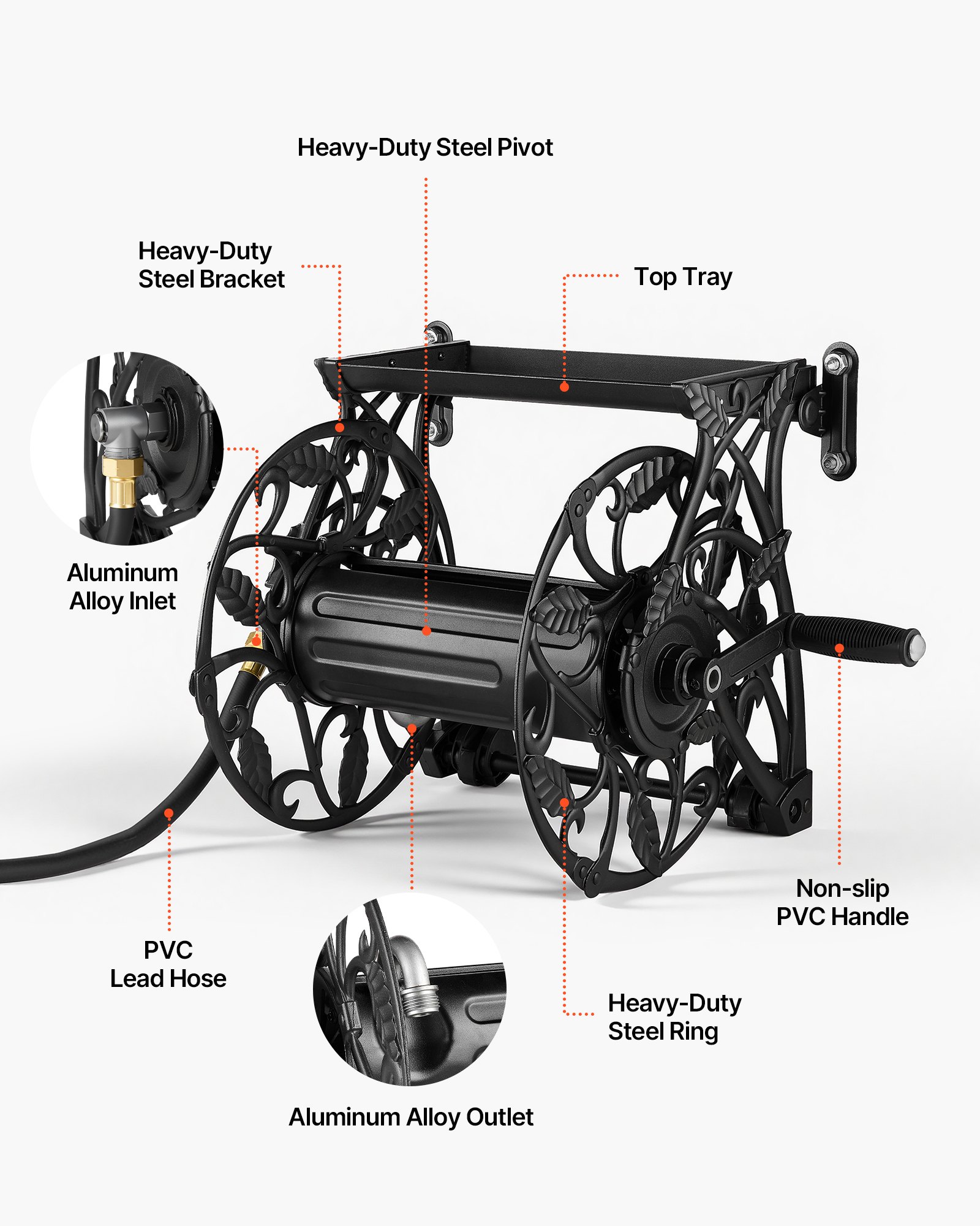 VEVOR Wall Mounted Garden Hose Reel, Holds 135 Feet of 5/8-inch Hose, Outdoor Heavy-Duty Waterhose Holder Winder, with Widened Top Tray, Aluminum Alloy Connector, Decorative Pattern, for Backyards