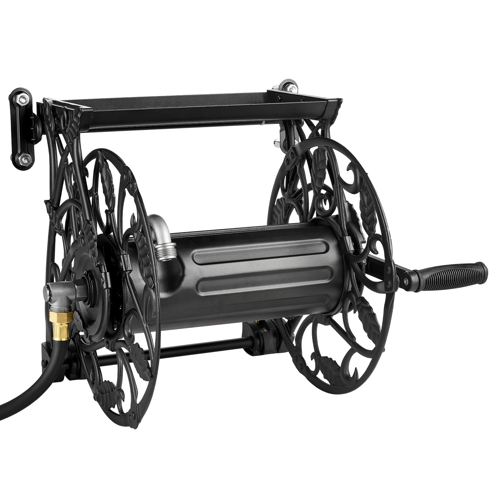 VEVOR Wall Mounted Garden Hose Reel, Holds 135 Feet of 5/8-inch Hose, Outdoor Heavy-Duty Waterhose Holder Winder, with Widened Top Tray, Aluminum Alloy Connector, Decorative Pattern, for Backyards