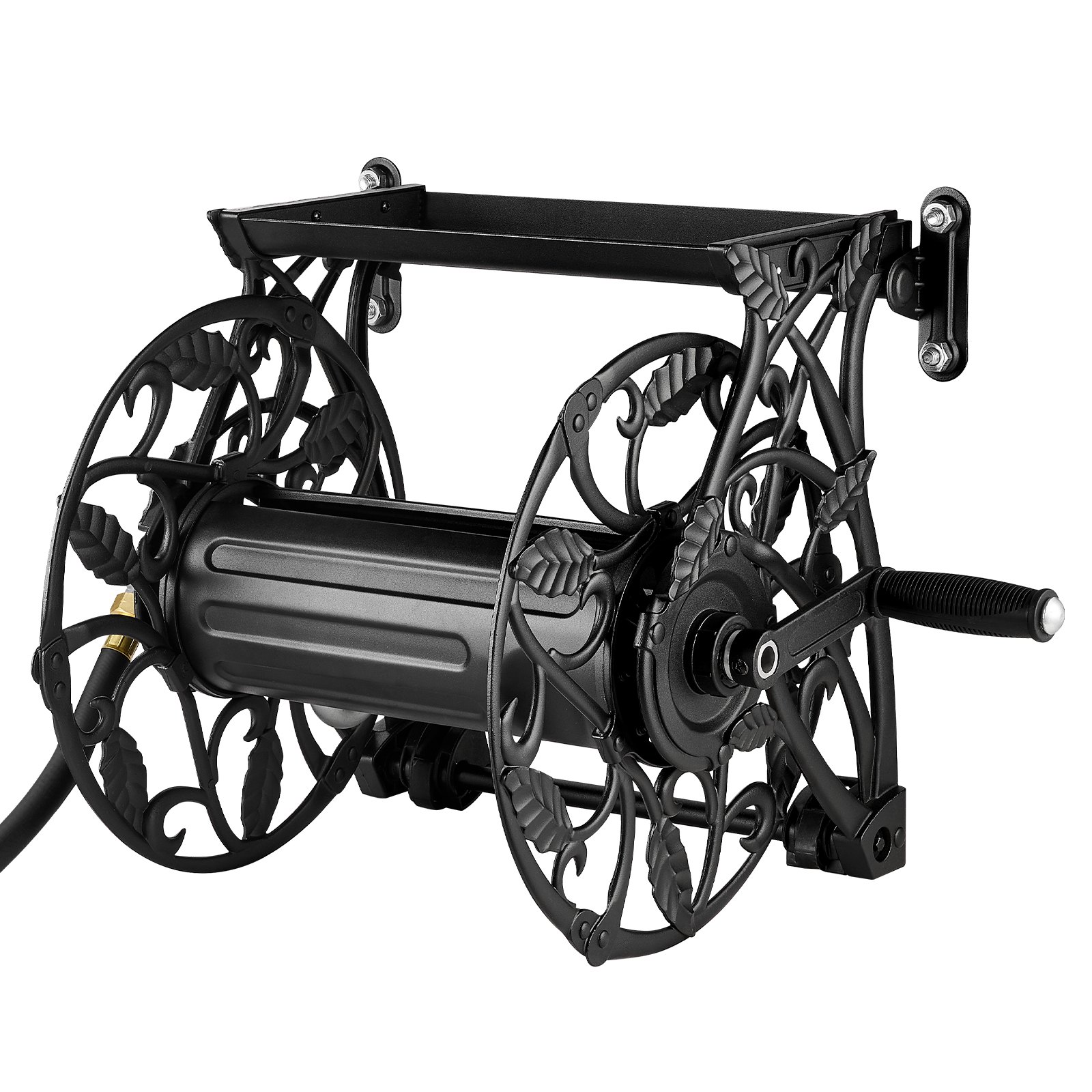VEVOR Wall Mounted Garden Hose Reel, Holds 135 Feet of 5/8-inch Hose, Outdoor Heavy-Duty Waterhose Holder Winder, with Widened Top Tray, Aluminum Alloy Connector, Decorative Pattern, for Backyards