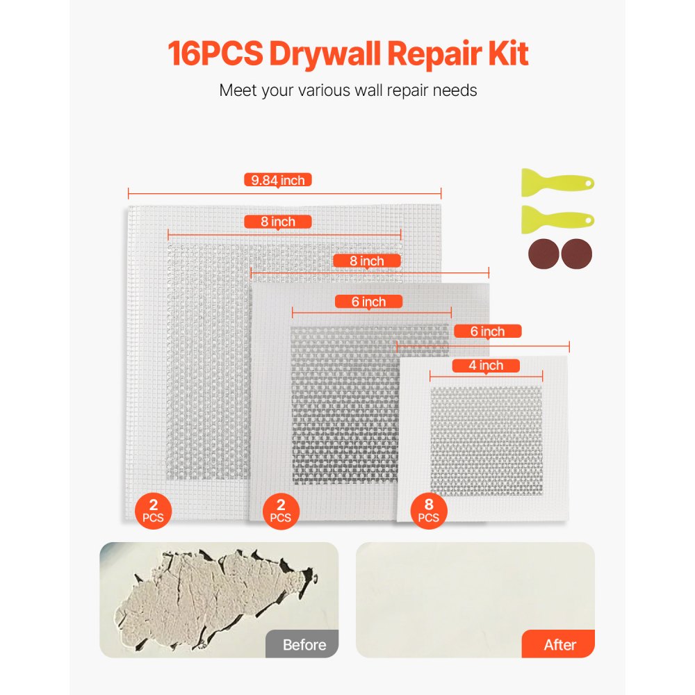 VEVOR 16PCS Drywall Repair Kit, 4/6/8-inch Aluminum Dry Wall Repair Patch Kit with 2 Scrapers & 2 Sandpapers, Self-Adhesive Drywall Patches for Nail Holes, Wall Cracks, Peeling, Scraping