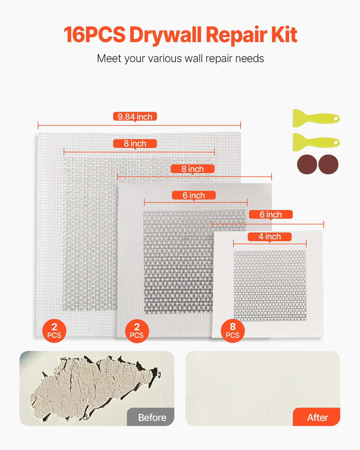 VEVOR 16PCS Drywall Repair Kit, 4/6/8-inch Aluminum Dry Wall Repair Patch Kit with 2 Scrapers & 2 Sandpapers, Self-Adhesive Drywall Patches for Nail Holes, Wall Cracks, Peeling, Scraping
