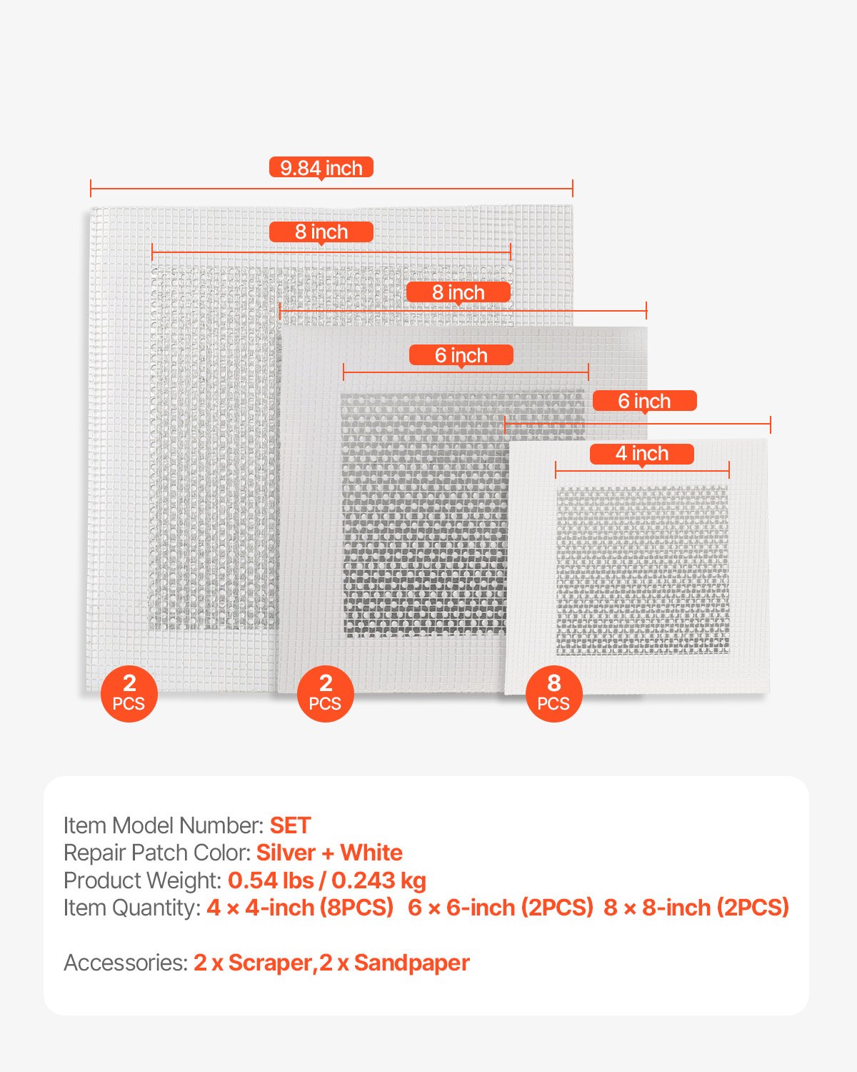 VEVOR 16PCS Drywall Repair Kit, 4/6/8-inch Aluminum Dry Wall Repair Patch Kit with 2 Scrapers & 2 Sandpapers, Self-Adhesive Drywall Patches for Nail Holes, Wall Cracks, Peeling, Scraping