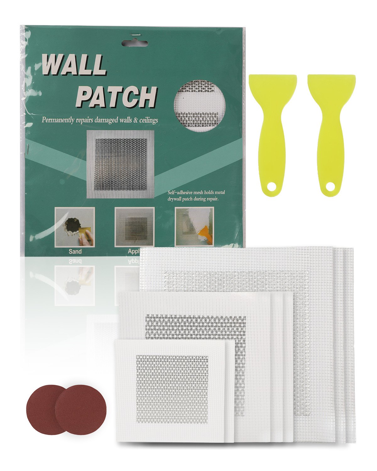 VEVOR 16PCS Drywall Repair Kit, 4/6/8-inch Aluminum Dry Wall Repair Patch Kit with 2 Scrapers & 2 Sandpapers, Self-Adhesive Drywall Patches for Nail Holes, Wall Cracks, Peeling, Scraping