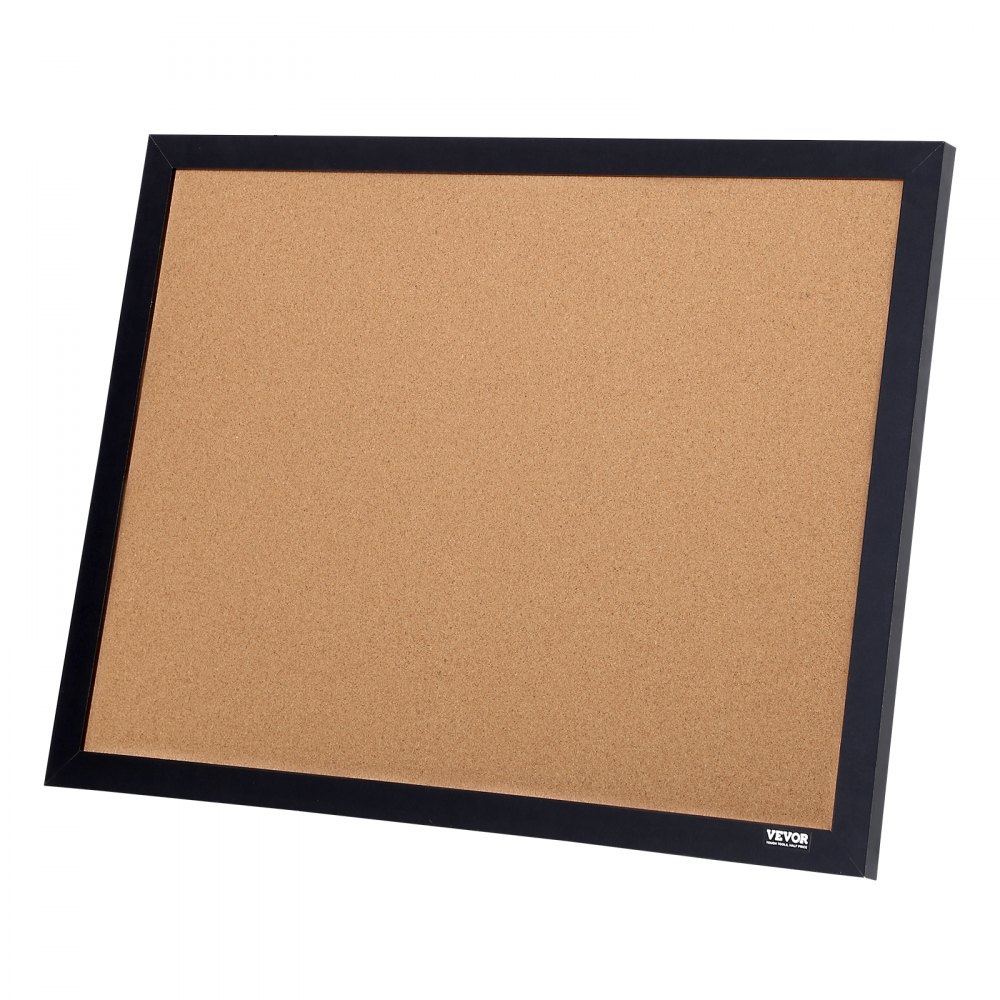 rectangular VEVOR cork board with a black frame, positioned at an angle against a white background.