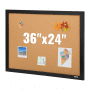 VEVOR cork board 36&quot;x24&quot;, black frame with push pins, images, notes, and mounting hardware.