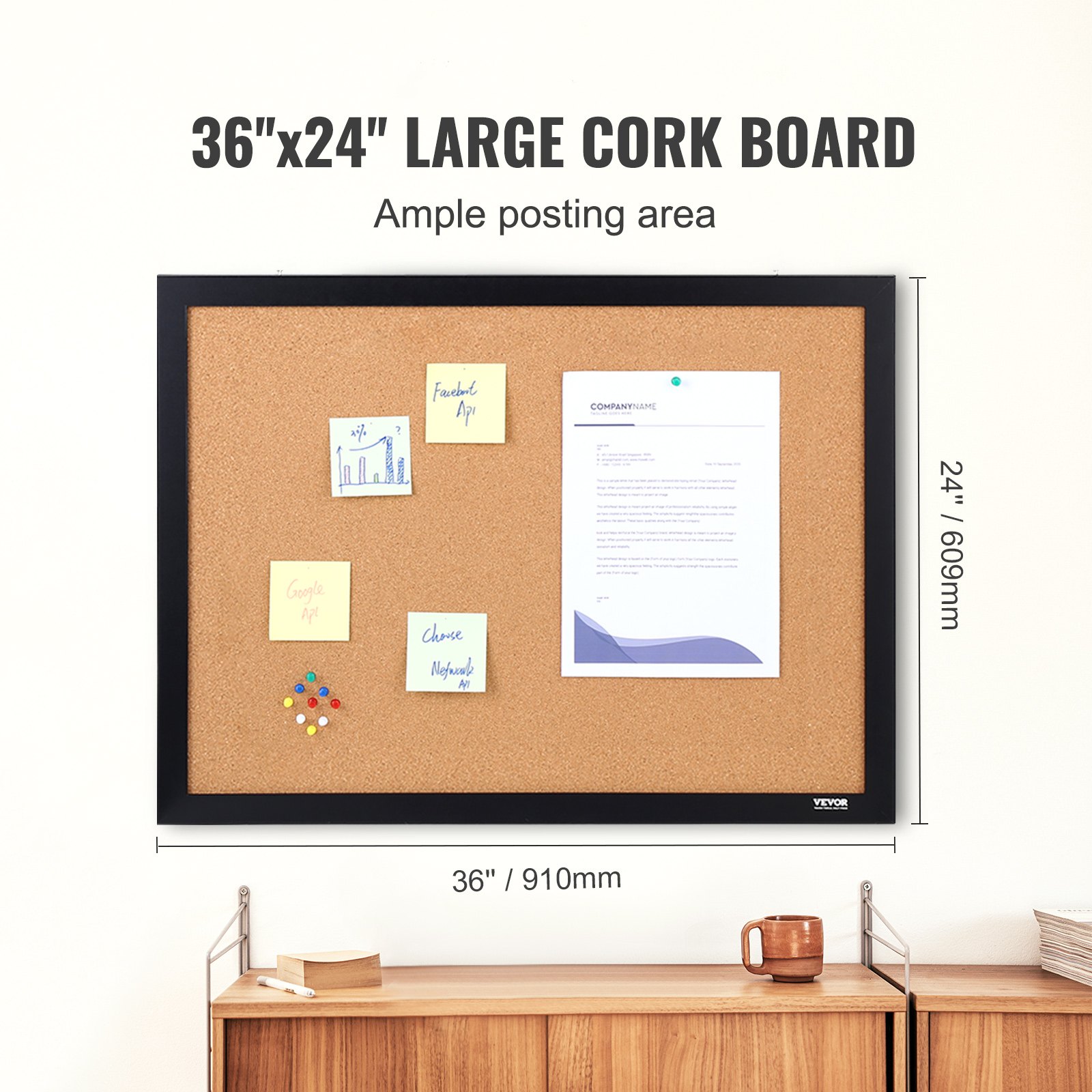 VEVOR cork board 36&quot;x24&quot; wall-mounted, with pins and notes, placed above a wooden cabinet.