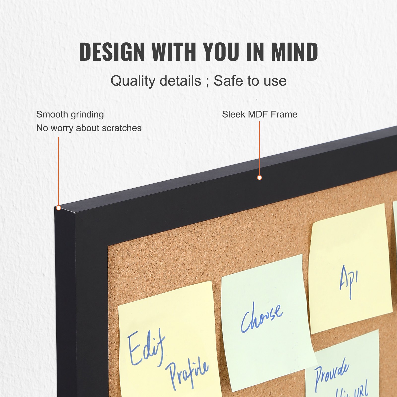VEVOR cork board with sleek mdf frame, smooth surface, and colorful sticky notes. quality details; safe to use.