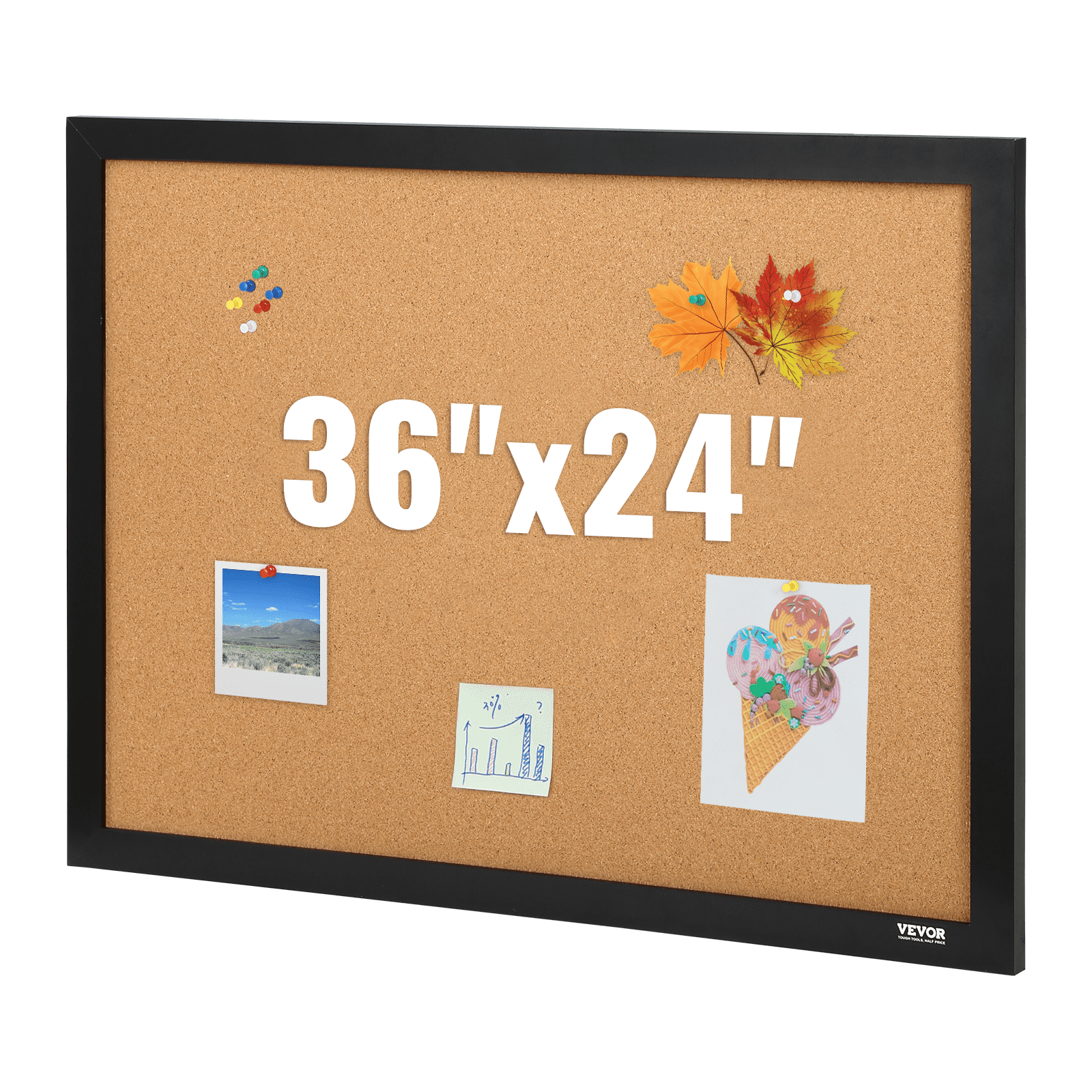 VEVOR cork board 36&quot;x24&quot;, black frame with push pins, images, notes, and mounting hardware.