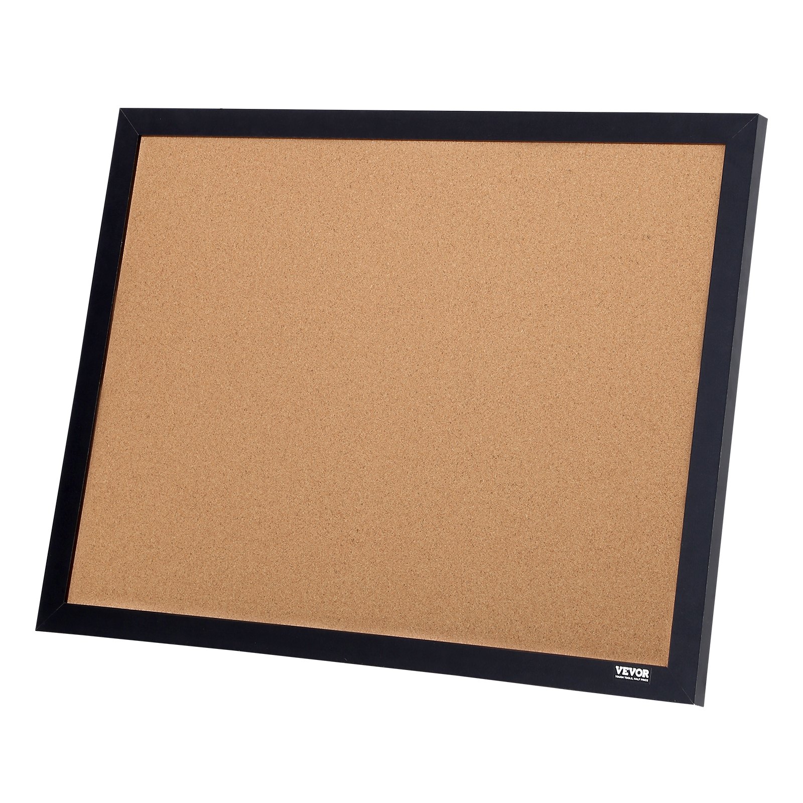 rectangular VEVOR cork board with a black frame, positioned at an angle against a white background.
