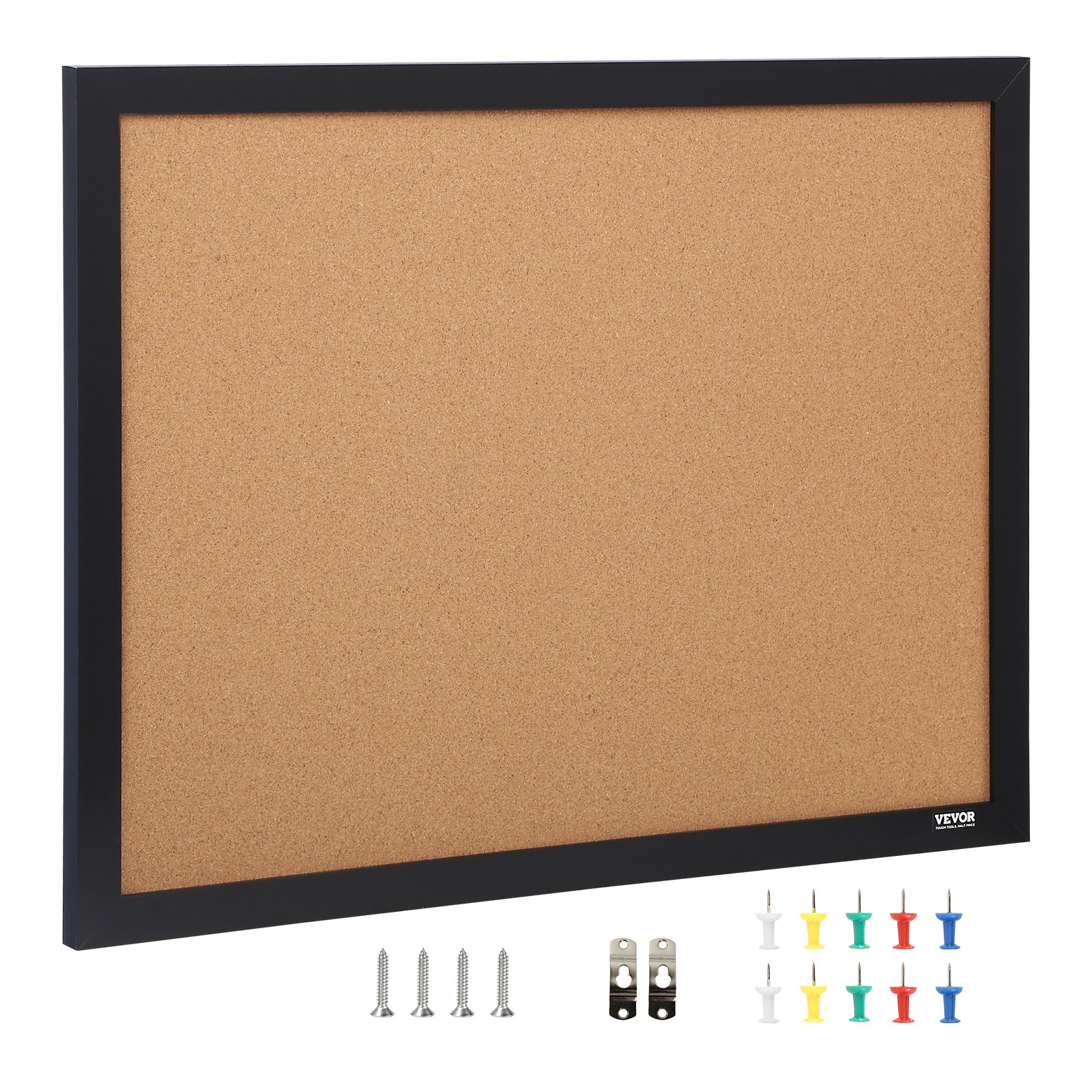 VEVOR cork board with black frame, includes screws and multicolor push pins for mounting.
