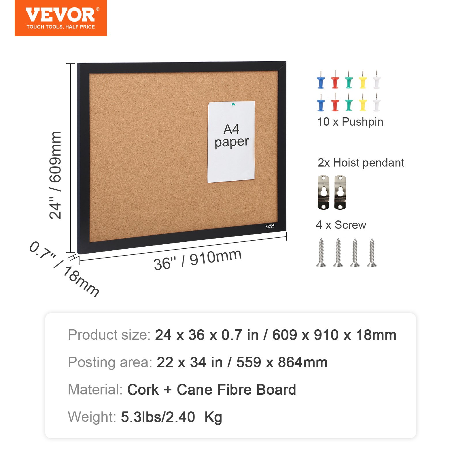 VEVOR Cork Board, 36x24 inches Bulletin Board with MDF Sticker Frame, Vision Board Includes 10 Pushpins, for Display and Decoration in Office Home and School