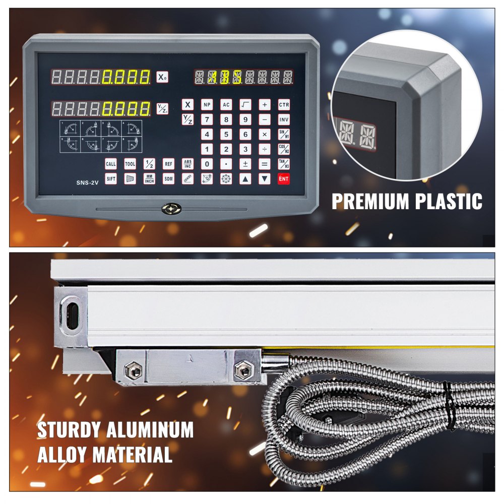 Digitálny odčítač VEVOR s 2-osovým displejom DRO, dĺžkou pohybu 1000 mm a 250 mm, presnou lineárnou stupnicou a digitálnym odčítaním osí