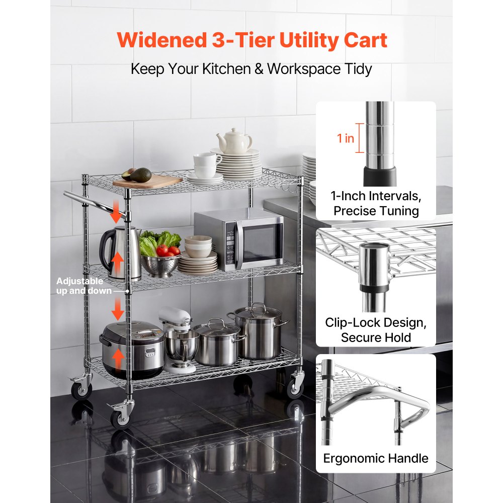 VEVOR Kitchen Utility Cart, 3 Tier Heavy Duty Adjustable Wire Storage Rack, Commercial Steel Rolling Service Trolley on Wheels, Work Table with Handle Bar, for Garage and Laundry Room, 89x45x104 cm