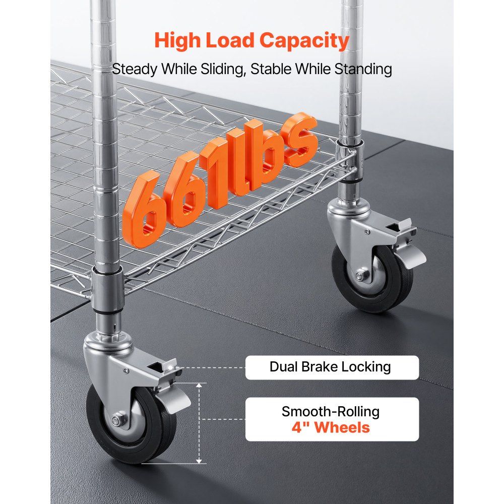 VEVOR Kitchen Utility Cart, 3 Tier Heavy Duty Adjustable Wire Storage Rack, Commercial Steel Rolling Service Trolley on Wheels, Work Table with Handle Bar, for Garage and Laundry Room, 89x45x104 cm