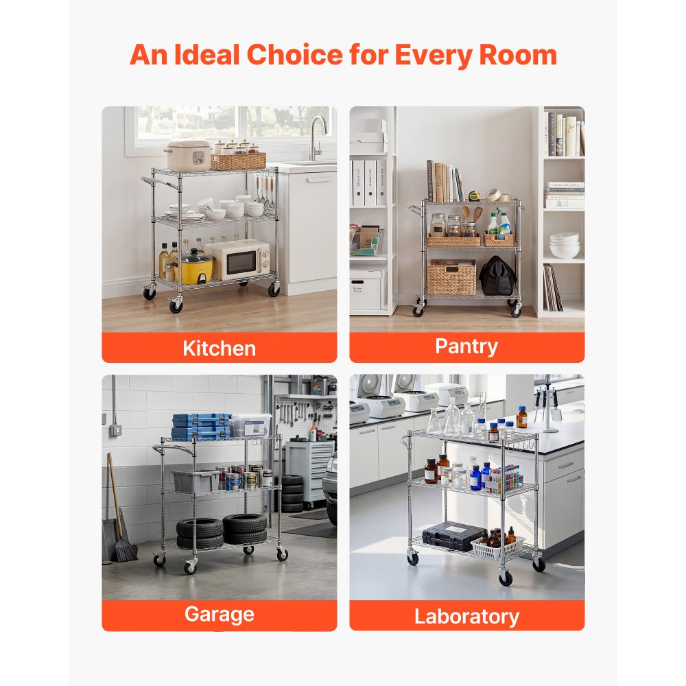 VEVOR Kitchen Utility Cart, 3 Tier Heavy Duty Adjustable Wire Storage Rack, Commercial Steel Rolling Service Trolley on Wheels, Work Table with Handle Bar, for Garage and Laundry Room, 89x45x104 cm